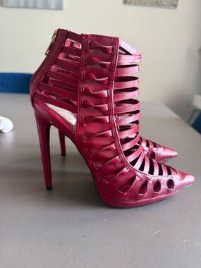 Red Strappy Cutout Pointed-Toe Stiletto Heels